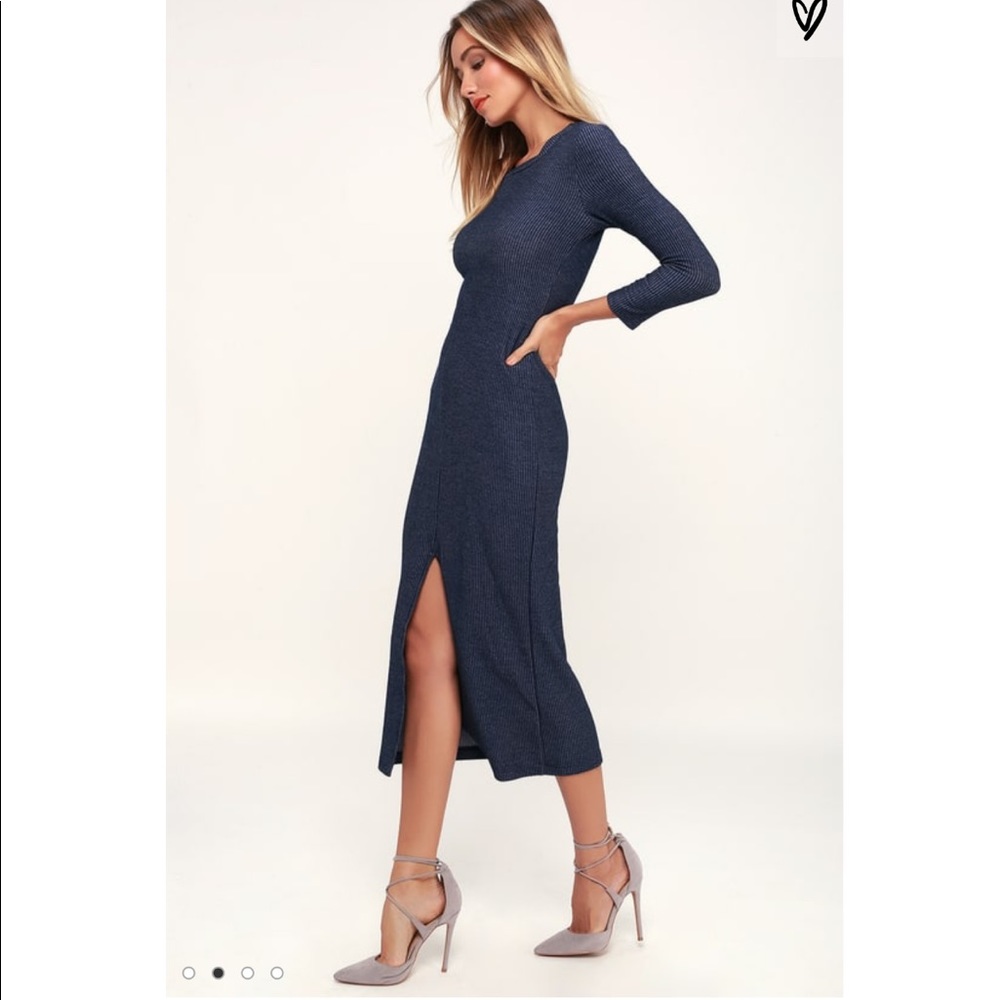 Keen Washed Navy Blue Striped Ribbed Midi Dress